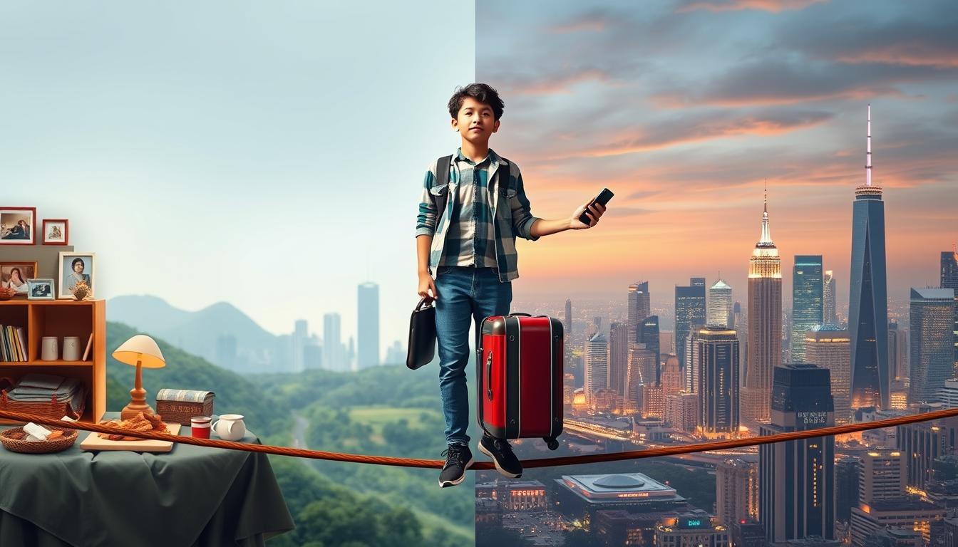 A split scene depicting a young international student standing on a tightrope suspended between two worlds; on one side, a cozy, nostalgic home environment with familiar sights like family photos and traditional food, while on the other side, a vibrant, bustling city skyline symbolizing independence and new adventures, balancing a suitcase in one hand and a smartphone in the other, with an expression of determination and contemplation.