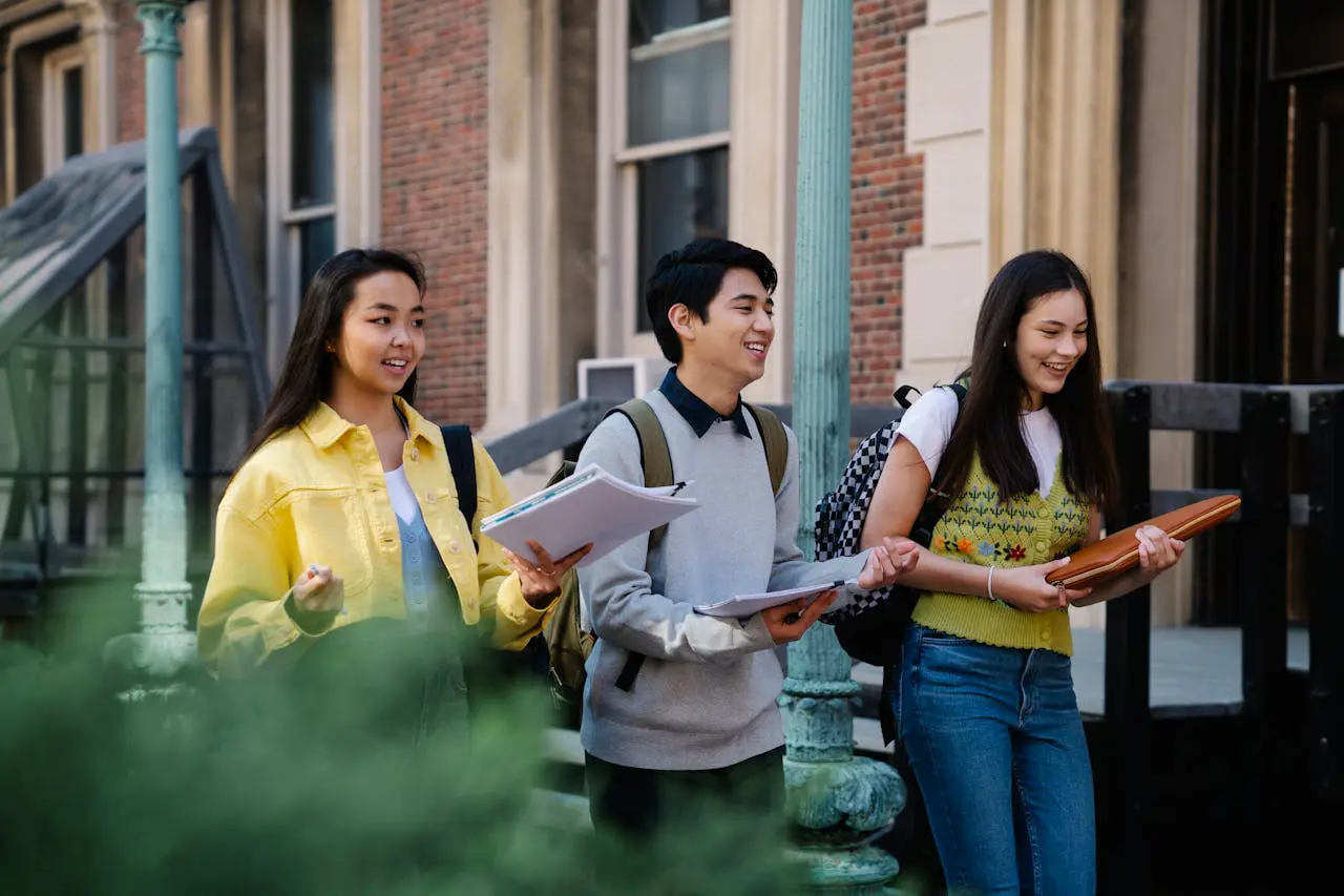 A vibrant and colorful scene depicting an international student surrounded by an array of academic challenges.