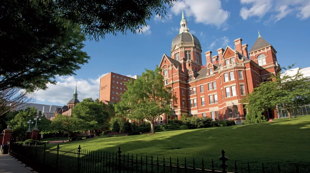 Students collaborating at a study lounge on Johns Hopkins campus